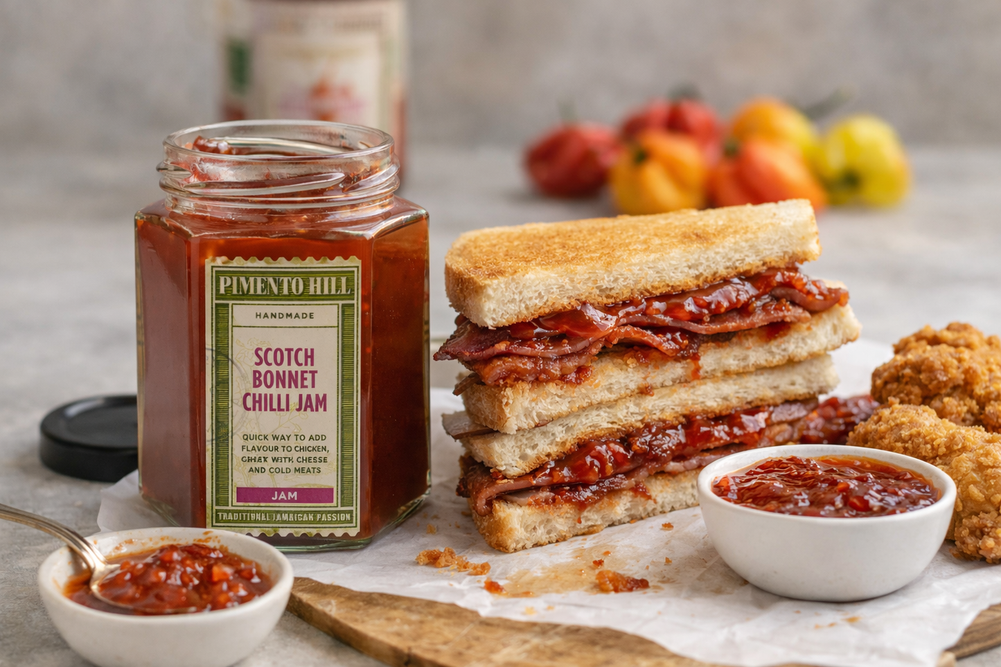 Jar of Pimento Hill Scotch Bonnet Chilli Jam with bacon sandwich and fried chicken dipping sauce