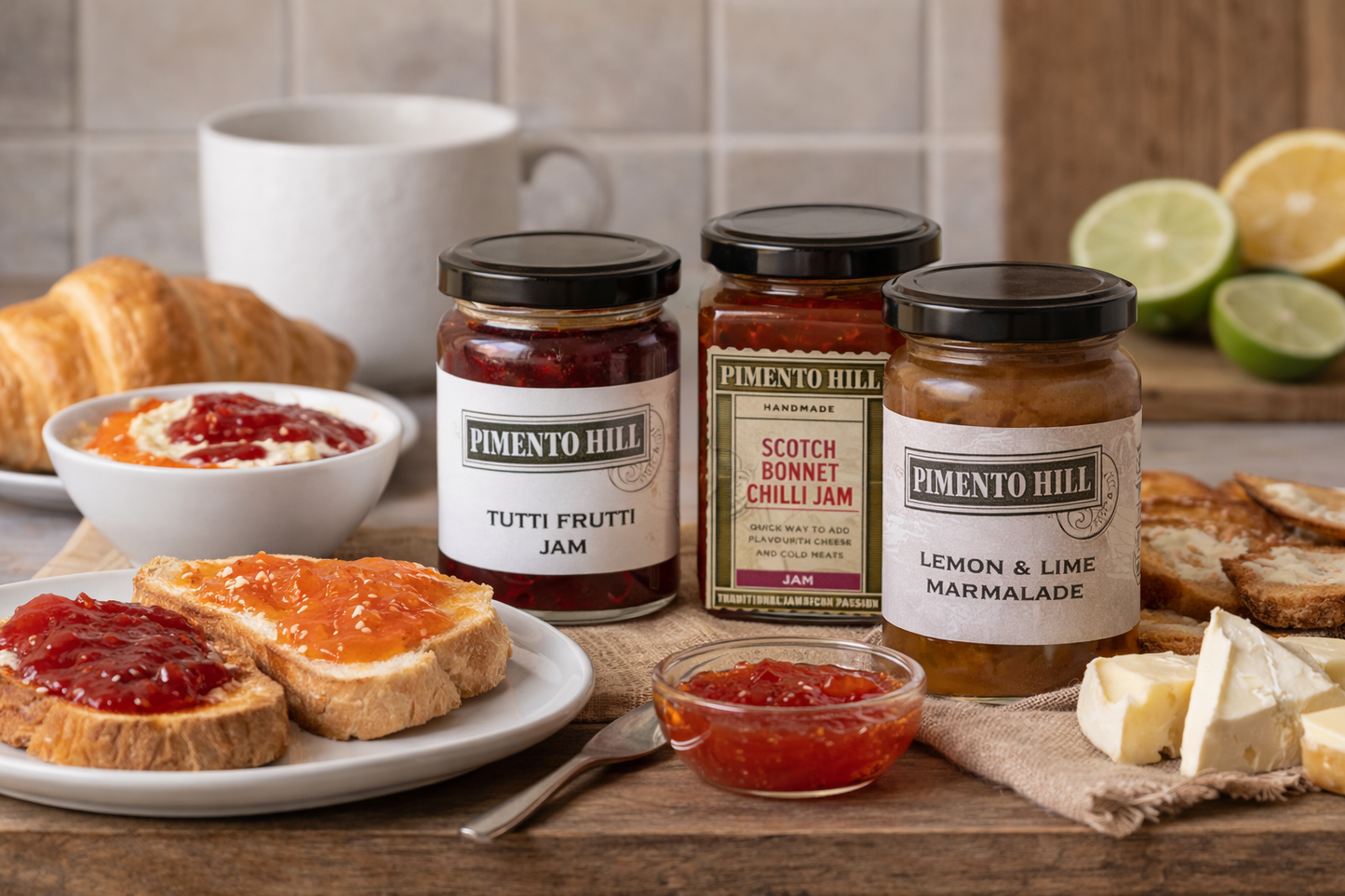 Pimento Hill artisan jams and marmalades including Tutti Frutti Jam, Strawberry Preserve, Scotch Bonnet Chilli Jam and Lemon & Lime Marmalade served with toast, cheese and breakfast dishes