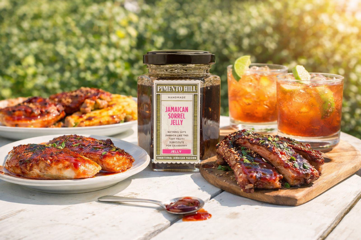 Pimento Hill sorrel jelly used for glazing chicken and ribs with rum cocktails on a sunny outdoor table, artisan Jamaican jelly for meat, fish and drinks.