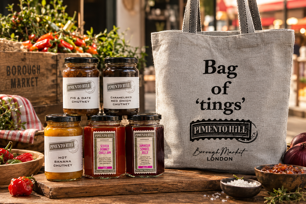 Pimento Hill Jamaican chutneys, chilli jam and sorrel jelly displayed with the Bag of ’tings Borough Market tote.