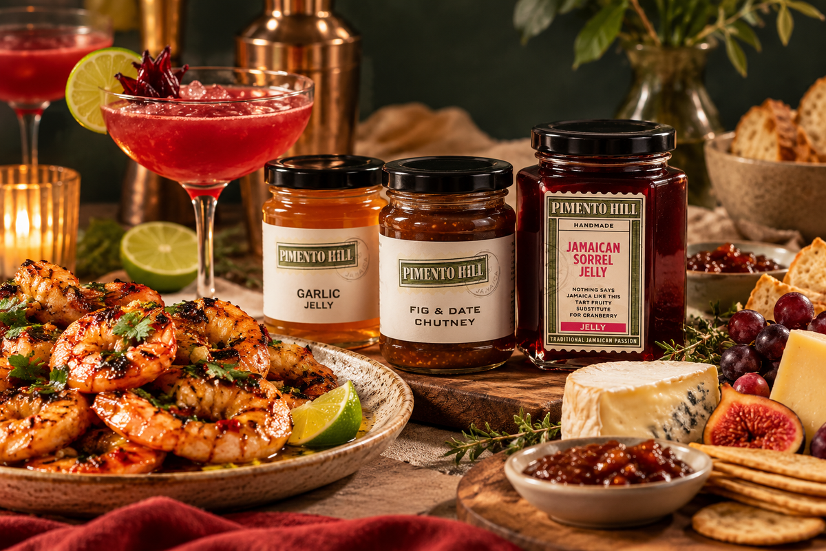 Pimento Hill Garlic Jelly, Fig & Date Chutney and Jamaican Sorrel Jelly displayed alongside garlic-glazed prawns, a cheeseboard and a sorrel rum cocktail for a cosy evening entertaining at home.