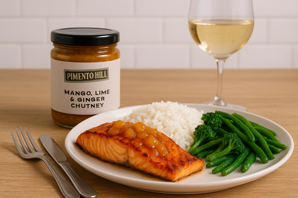 kitchen table setting with salmon glazed with mango lime and ginger chutney with rice and green beans on a plate with a glass of white wine 
