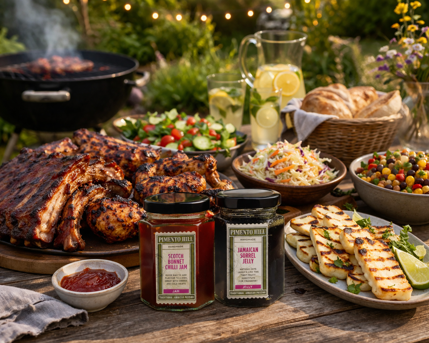 Pimento Hill BBQ bundle with chilli jam and sorrel jelly served alongside grilled meats, halloumi and salads on outdoor summer table