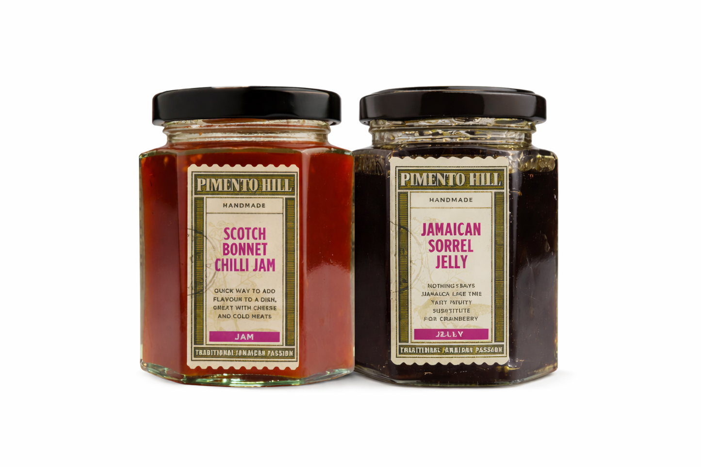 Pimento Hill Scotch Bonnet Chilli Jam and Jamaican Sorrel Jelly in glass jars with black lids, vibrant handmade Caribbean preserves on white background