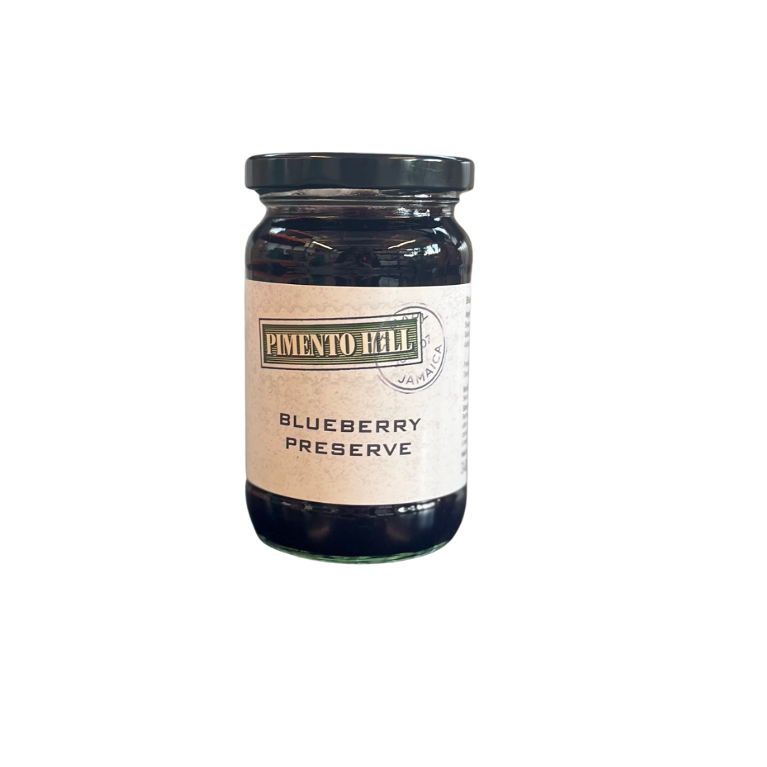Jar of Pimento Hill Blueberry Preserve made with blueberries and all natural ingredients, shown on a plain background.