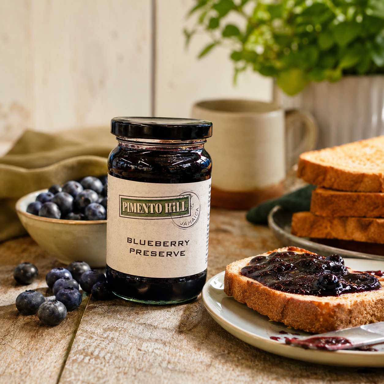 Pimento Hill Blueberry Preserve jar styled on a rustic breakfast table with fresh blueberries, toast topped with blueberry preserve and a coffee mug in warm natural light.