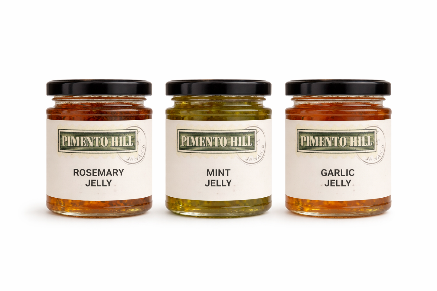 Rosemary, mint and garlic jellies by Pimento Hill isolated on white, artisan condiments for lamb, roast potatoes and Easter Sunday lunch.