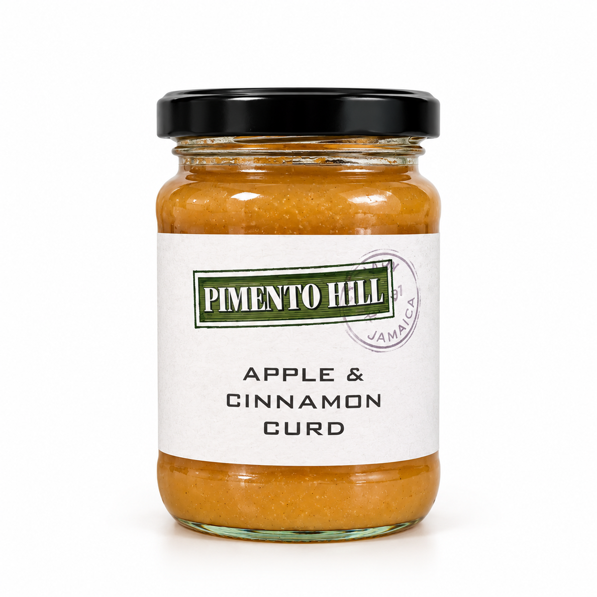 Pimento Hill Apple & Cinnamon Curd in glass jar with black lid