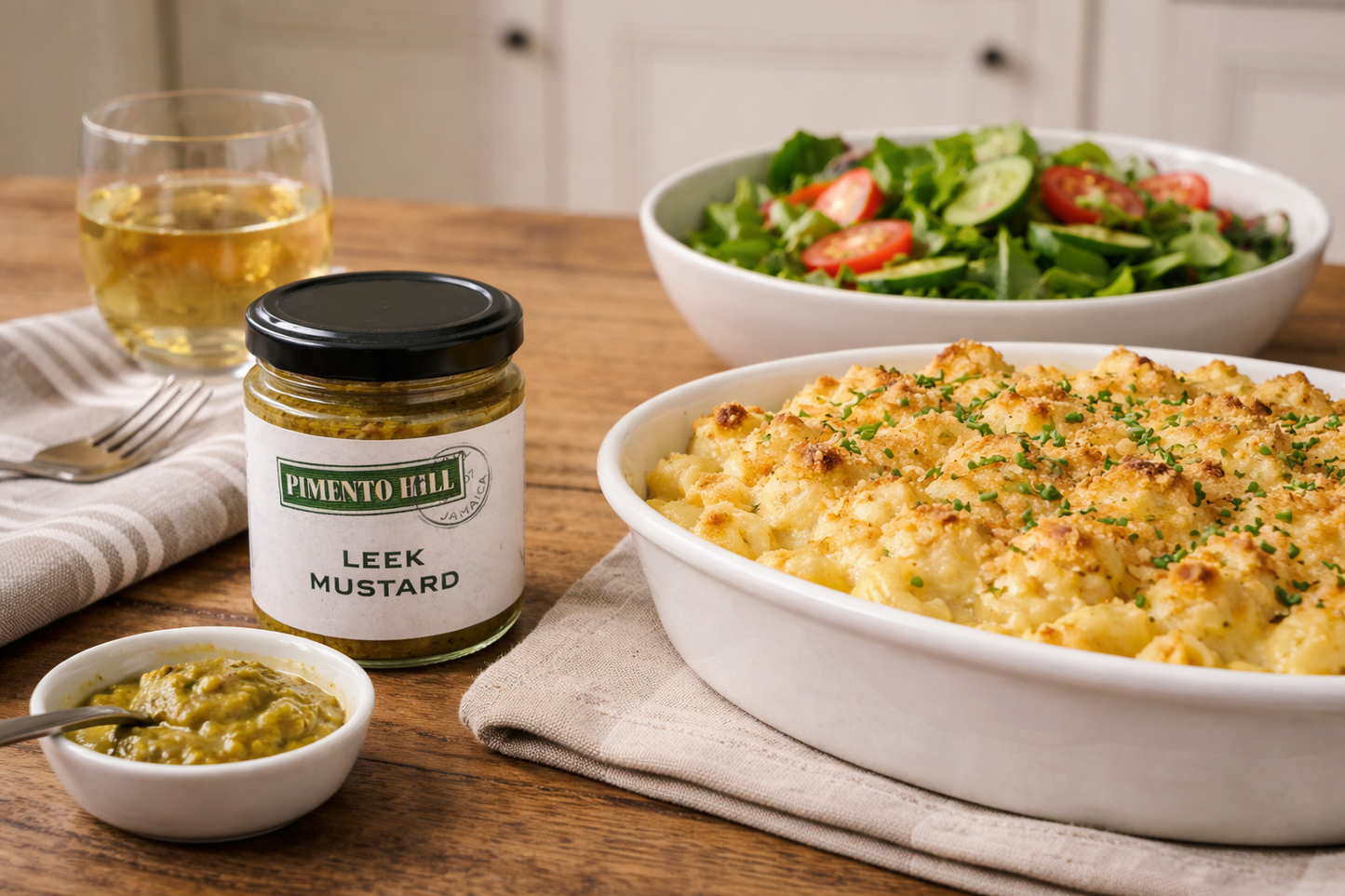 Pimento Hill leek mustard jar served with creamy macaroni cheese and fresh green salad on an indoor dining table.