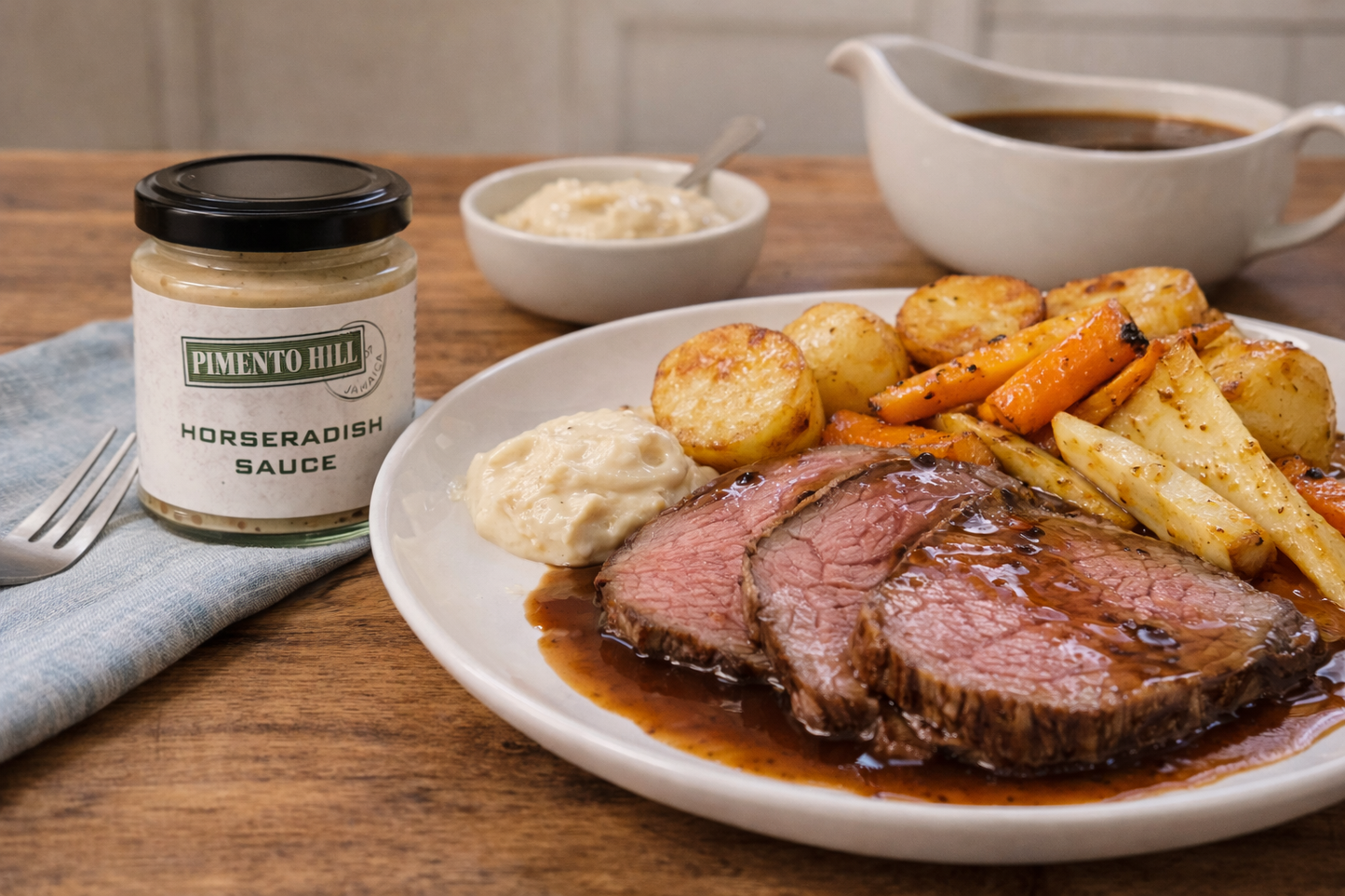 Pimento Hill horseradish sauce served with roast beef, roast potatoes, root vegetables and gravy on a traditional dinner table.