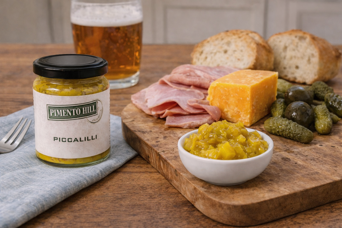 Pimento Hill piccalilli served with mature cheddar, ham, crusty bread and pickles in a classic Ploughman’s lunch setting.