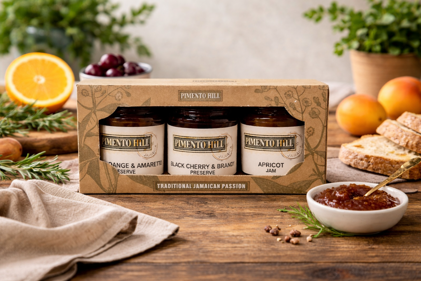 Artisan Pimento Hill preserve gift set, ideal for food lovers, featuring three seasonal Jamaican preserves in a kraft gift box.
