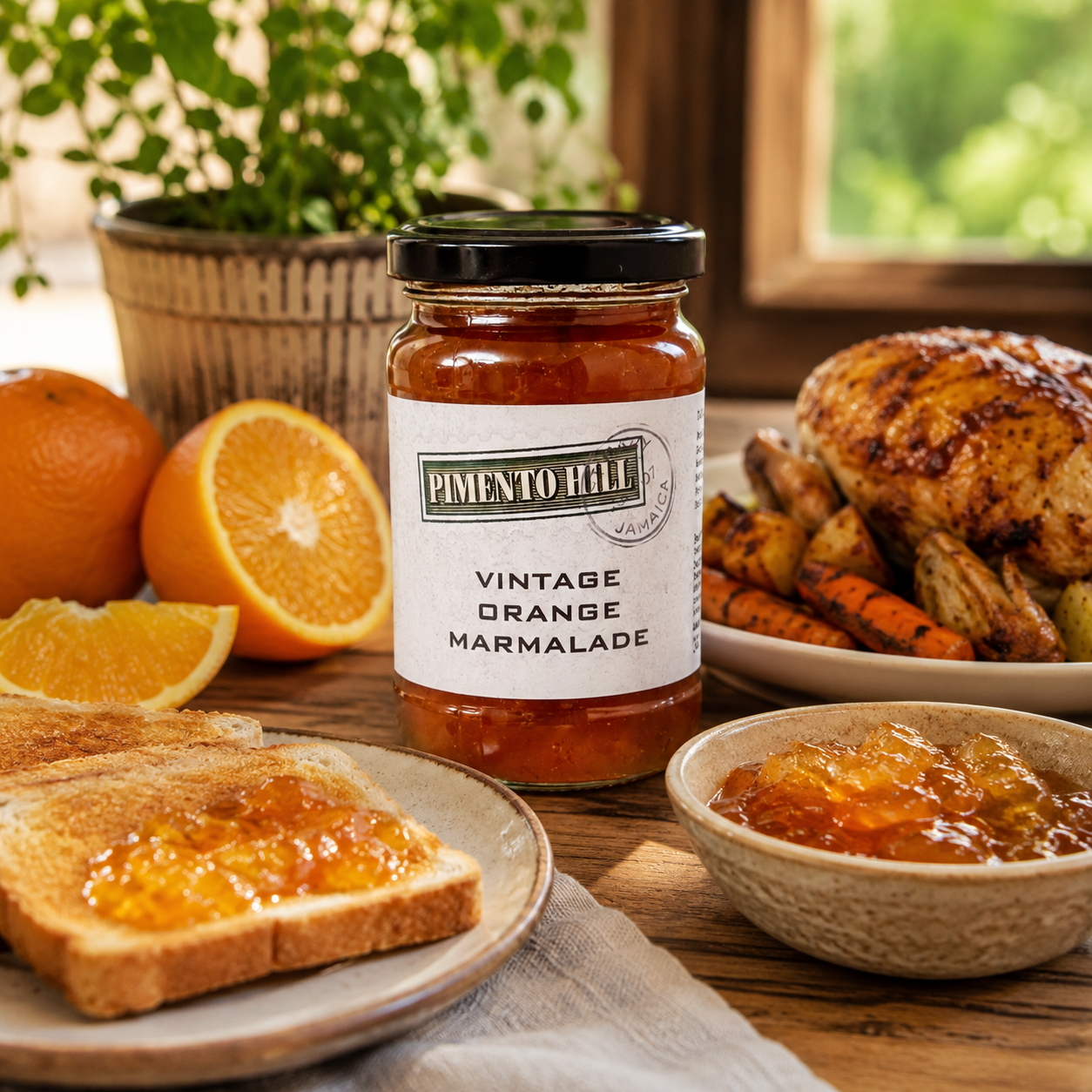 Pimento Hill Vintage Orange Marmalade served with toast and fresh oranges on a rustic breakfast table, alongside a roast dinner, showcasing its use as a breakfast spread and glaze for meats.