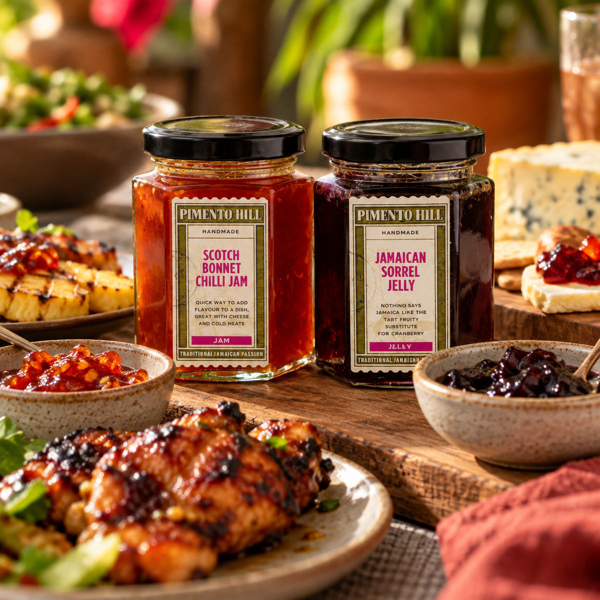 Pimento Hill Jamaican Favourites Bundle featuring Scotch Bonnet Chilli Jam and Sorrel Jelly, styled with grilled chicken, cheese, crackers and Caribbean-inspired dishes.