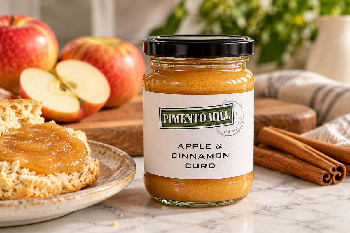 Pimento Hill Apple & Cinnamon Curd served on a scone with fresh apples and cinnamon sticks