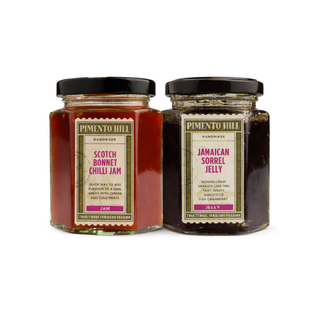 Pimento Hill Scotch Bonnet Chilli Jam and Jamaican Sorrel Jelly in glass jars with black lids, vibrant handmade Caribbean preserves on white background