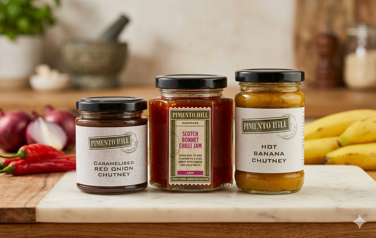 Three glass jars of Pimento Hill condiments—Caramelised Red Onion Chutney, Scotch Bonnet Chilli Jam, and Hot Banana Chutney—arranged in a row on a white marble serving board. The background features a warm, soft-focus kitchen setting with fresh red onions, chillies, and bananas subtly placed to reflect the ingredients.