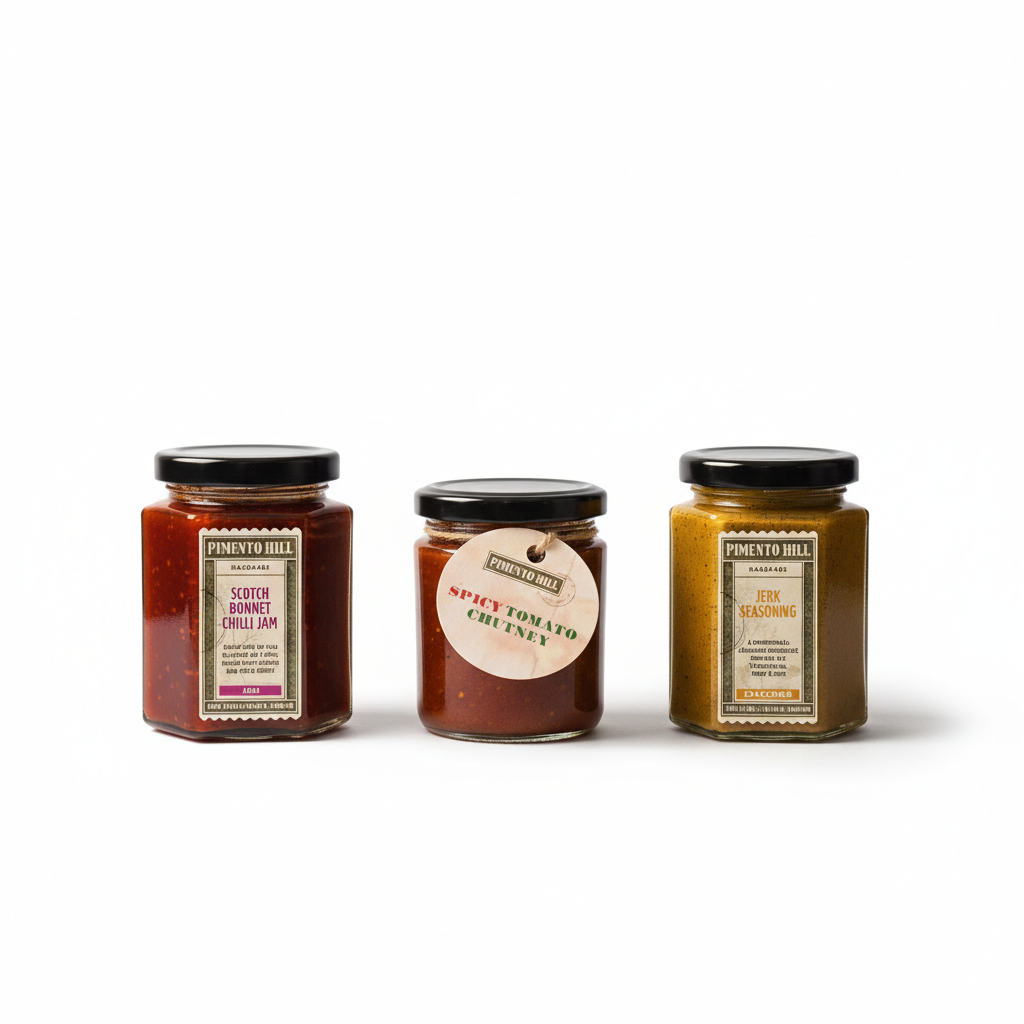 Pimento Hill Spicy Favourites bundle including Scotch Bonnet Chilli Jam, Spicy Tomato Chutney and Jerk Seasoning jars on a plain background.