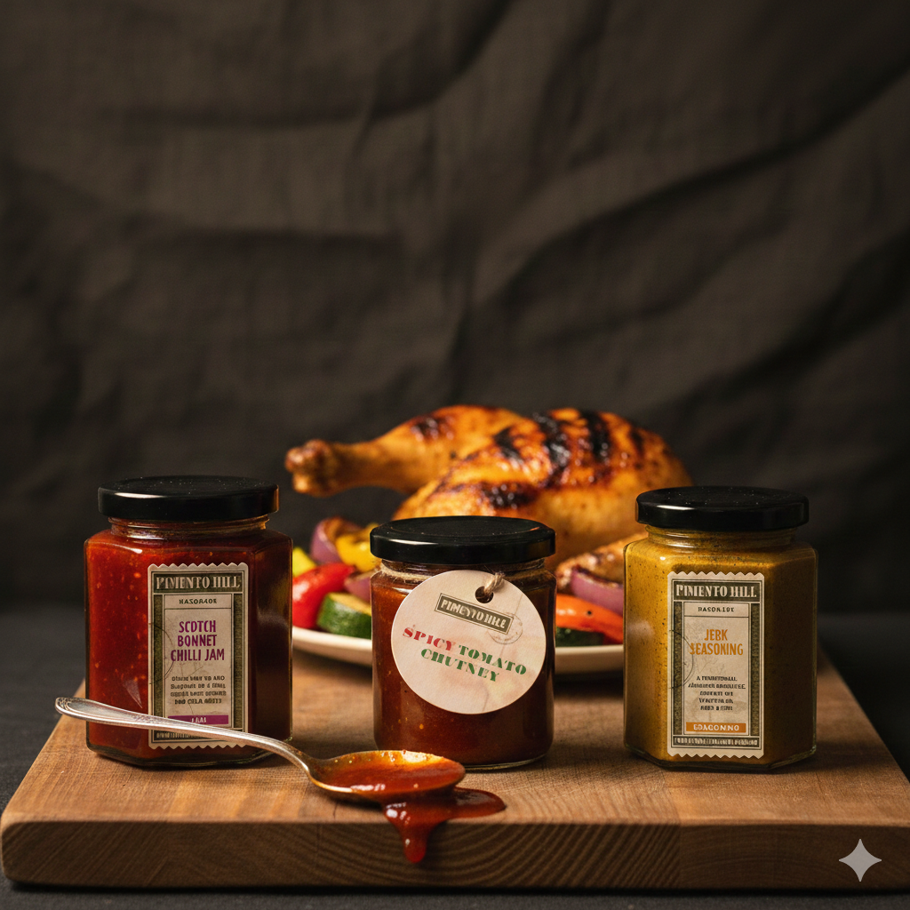 Pimento Hill Spicy Favourites bundle featuring Scotch Bonnet Chilli Jam, Spicy Tomato Chutney and Jerk Seasoning arranged on a dark wooden surface with chillies and grilled chicken in the background.