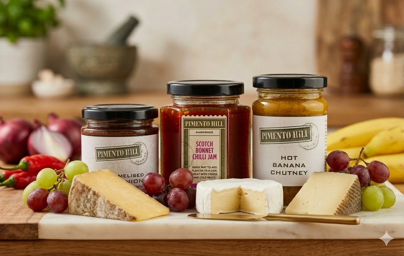 Gemini said
Alt Text:

Three glass jars of Pimento Hill condiments—Caramelised Red Onion Chutney, Scotch Bonnet Chilli Jam, and Hot Banana Chutney—arranged on a white marble board with a curated cheese and grape pairing. The display features wedges of hard cheese, a round of soft Brie, a small golden spreader, and clusters of fresh red and green grapes. The background shows a soft-focus kitchen with red onions, chillies, bananas, and a mortar and pestle.