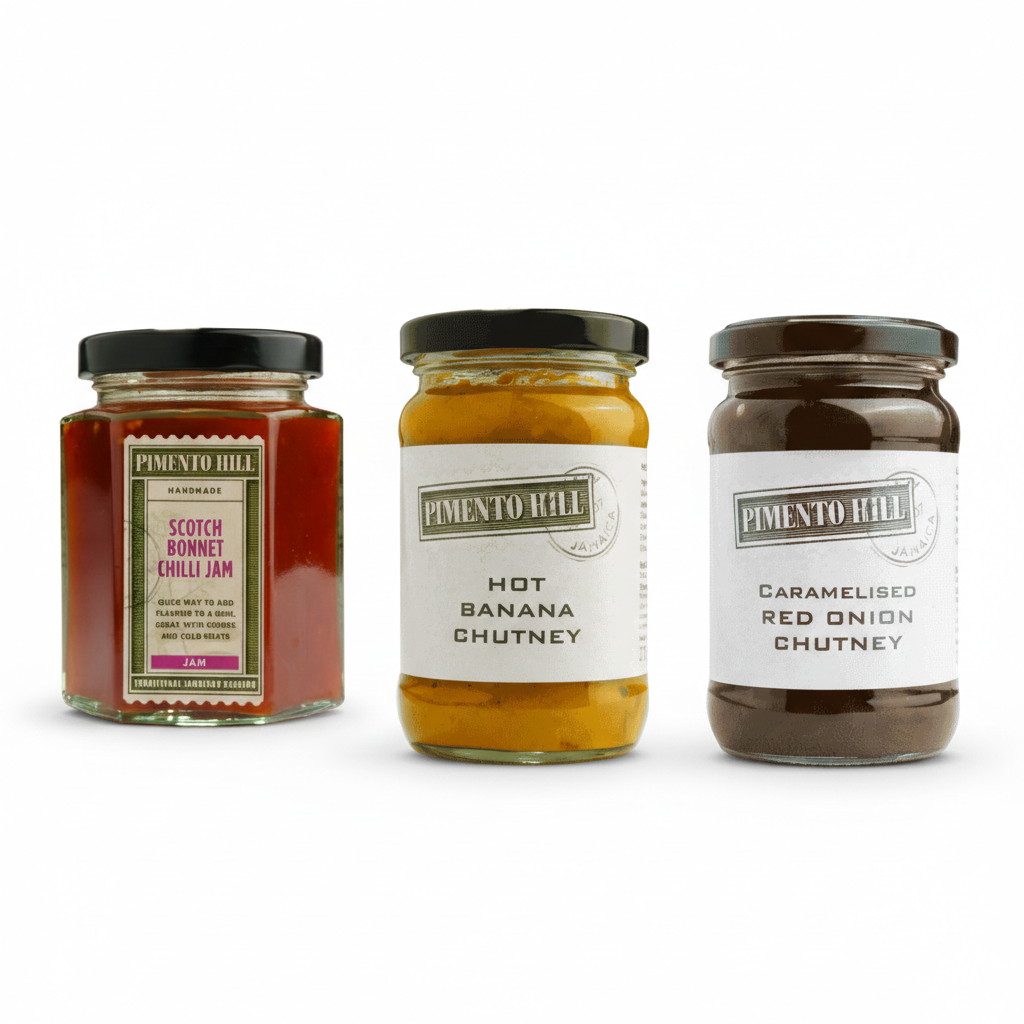 A clean, high-resolution e-commerce product shot of three Pimento Hill jars arranged in a row against a solid white background. The set includes Scotch Bonnet Chilli Jam in a hexagonal jar, followed by Hot Banana Chutney and Caramelised Red Onion Chutney in round glass jars, all featuring vintage-style labels and black lids.