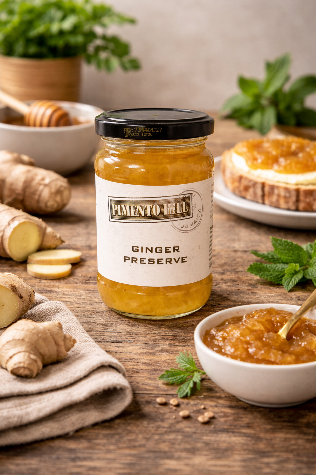 Pimento Hill ginger preserve served with toast and cheese, highlighting its bold Caribbean ginger flavour.