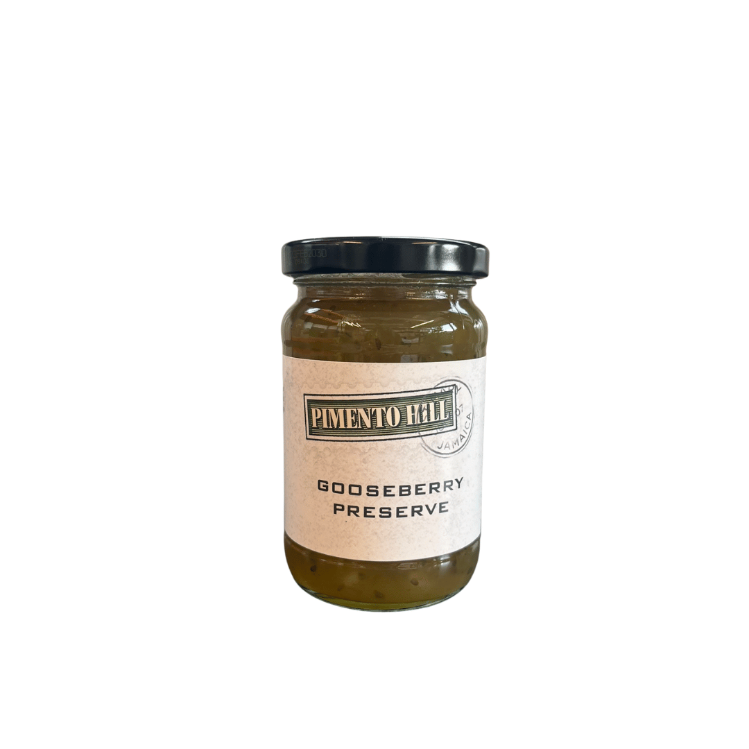Jar of Pimento Hill Gooseberry Preserve made with gooseberries and all natural ingredients, shown on a plain background.