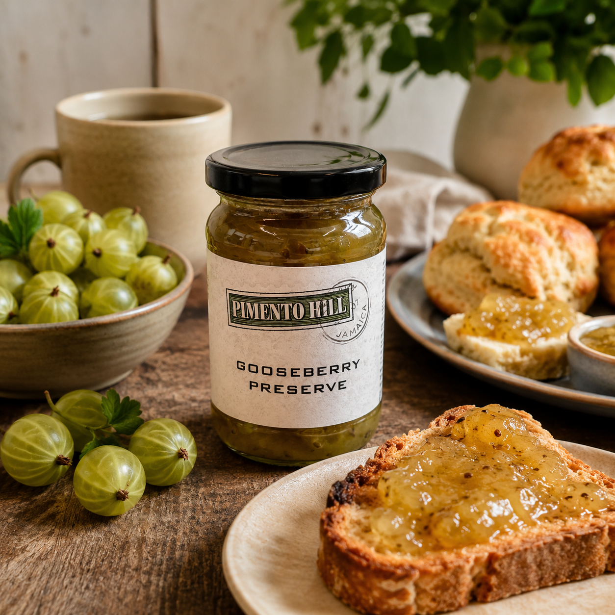 Pimento Hill Gooseberry Preserve styled on a rustic breakfast table with fresh gooseberries, warm toast, pastries and natural kitchen styling in soft sunlight.