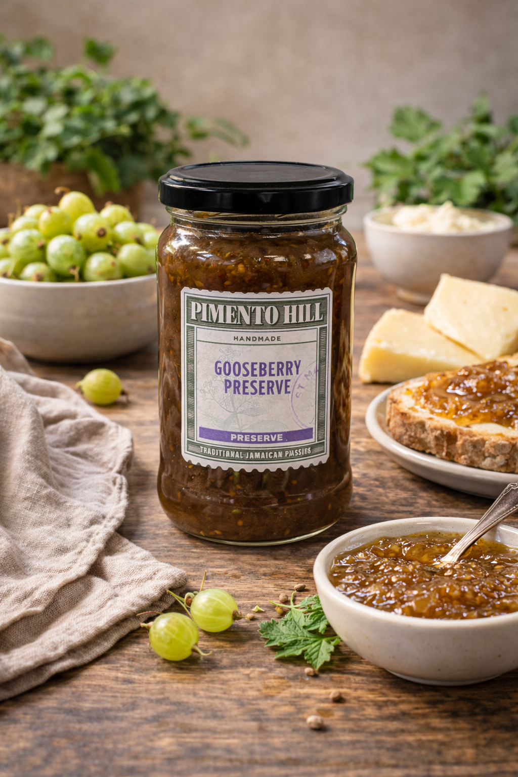 Pimento Hill gooseberry preserve styled on a wooden table with fresh gooseberries, bread and cheese, highlighting its tangy-sweet flavour.
