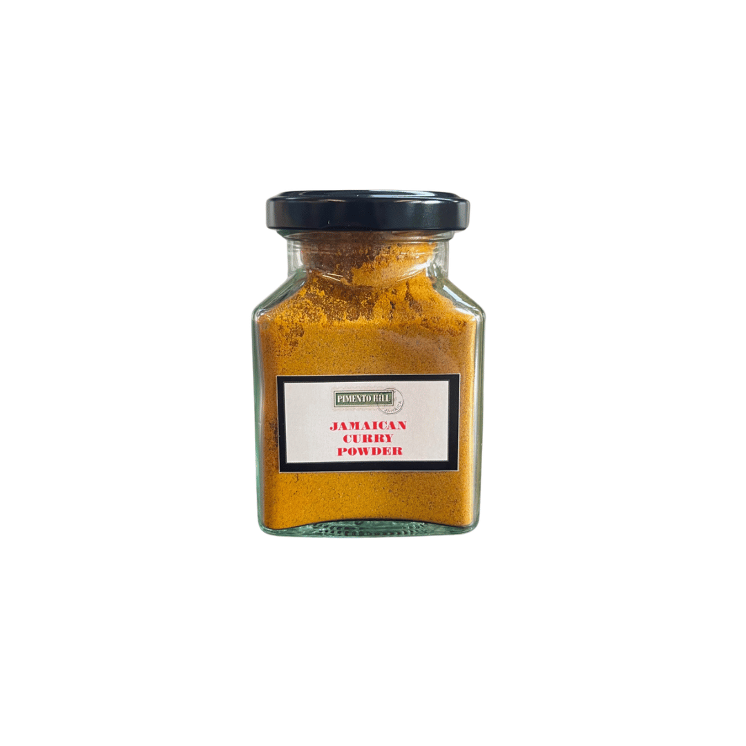 Jar of Pimento Hill Jerk Curry Powder, a Caribbean-inspired dry spice blend for curries, marinades and cooking.