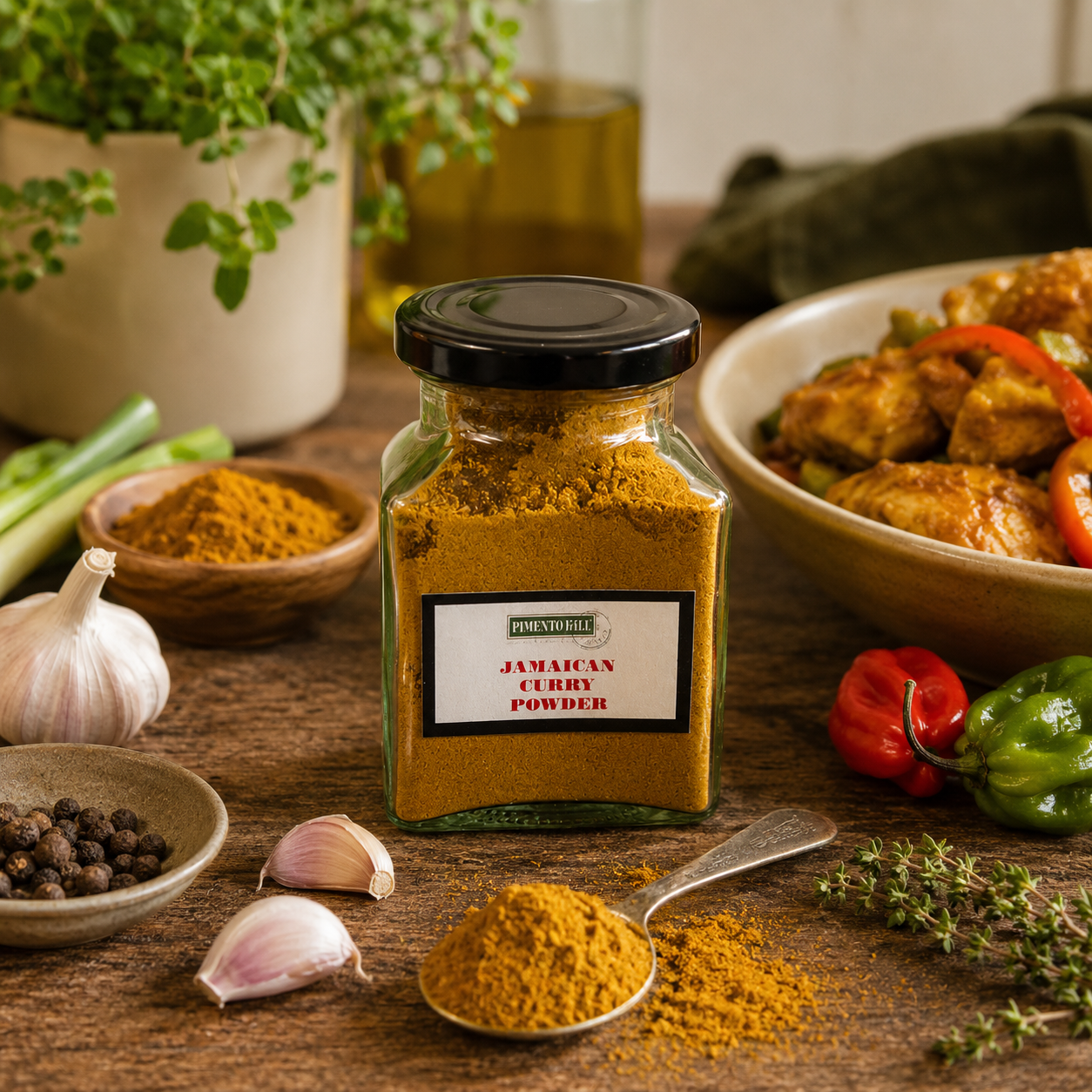 Jar of Pimento Hill Jerk Curry Powder styled on a rustic kitchen surface with Caribbean spices, curry dishes, herbs and warm natural lighting.