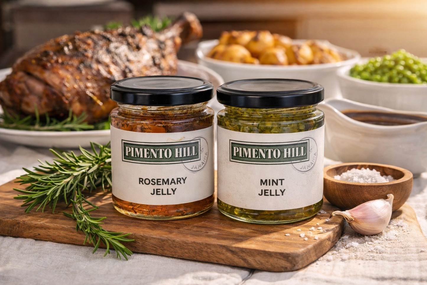 Pimento Hill rosemary and mint jellies styled with roast lamb and seasonal sides, ideal for elevating Easter Sunday lunch and classic roast dishes.