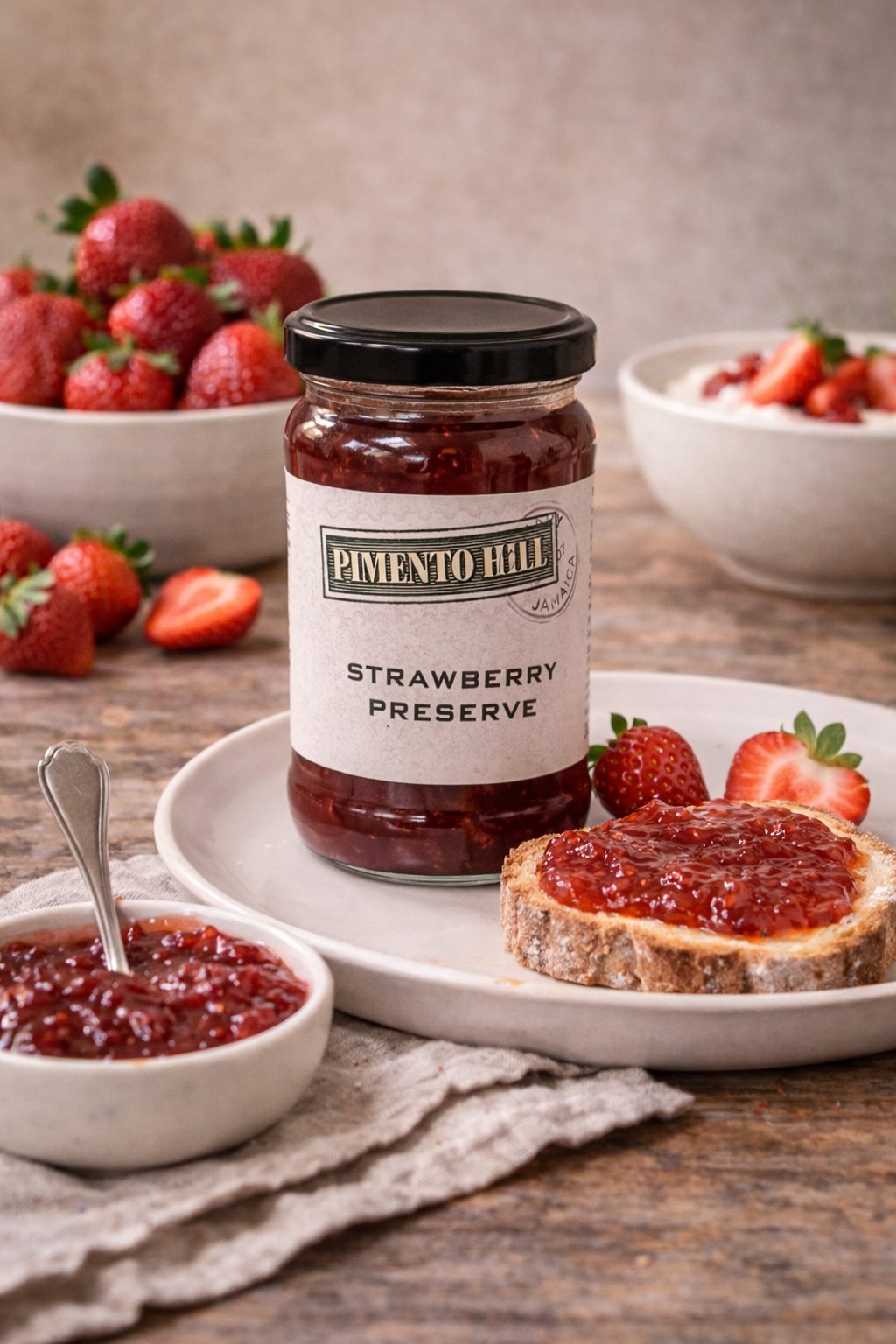 Pimento Hill strawberry preserve styled with fresh strawberries, toast and a bowl of preserve on a rustic table.