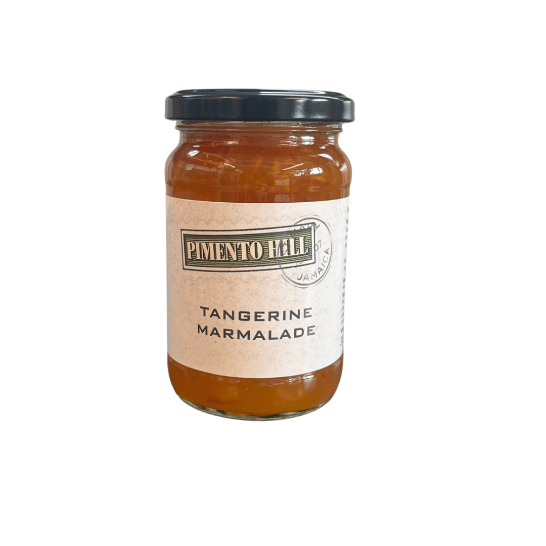 Jar of Pimento Hill Tangerine Marmalade made with juicy tangerines and all natural ingredients, shown on a plain background.