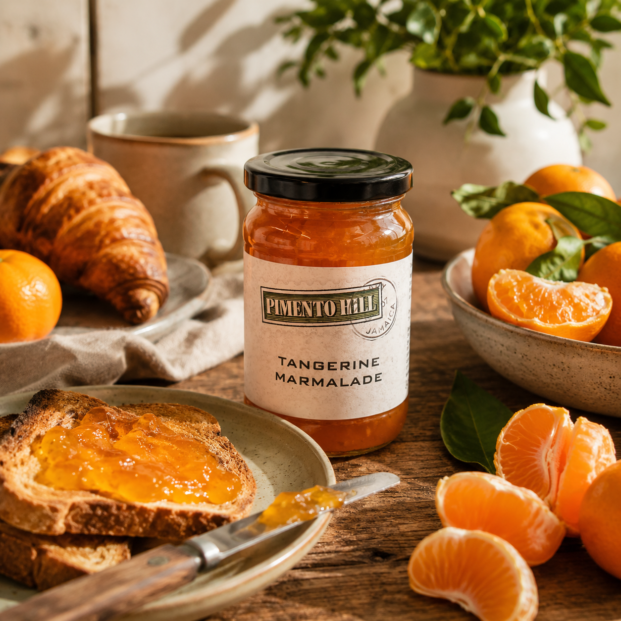 Pimento Hill Tangerine Marmalade styled on a rustic breakfast table with toasted bread, fresh tangerines, pastries and warm morning light.
