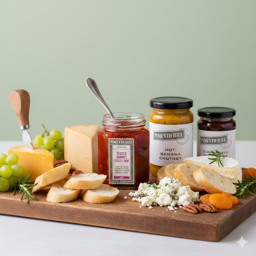 A lifestyle product photograph of a rustic wooden cheeseboard set against a soft, light green background. The board features three Pimento Hill jars (Scotch Bonnet Chilli Jam, Hot Banana Chutney, and Caramelised Red Onion Chutney) nestled among various cheeses including cheddar and brie, slices of crusty baguette, green grapes, pecans, dried apricots, and fresh rosemary sprigs