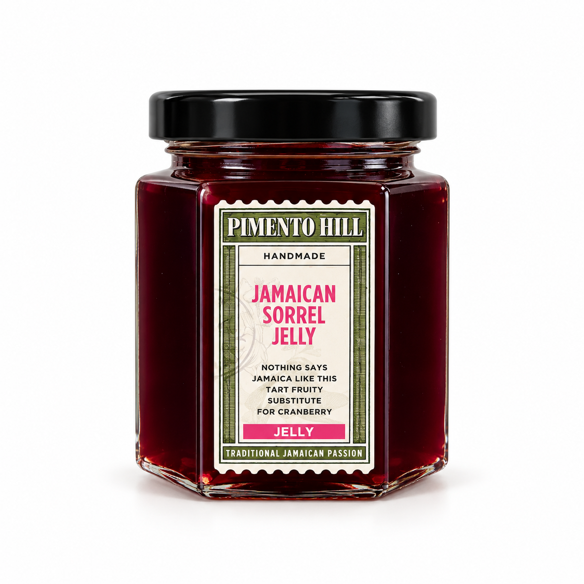 Pimento Hill Jamaican Sorrel Jelly in glass jar with black lid